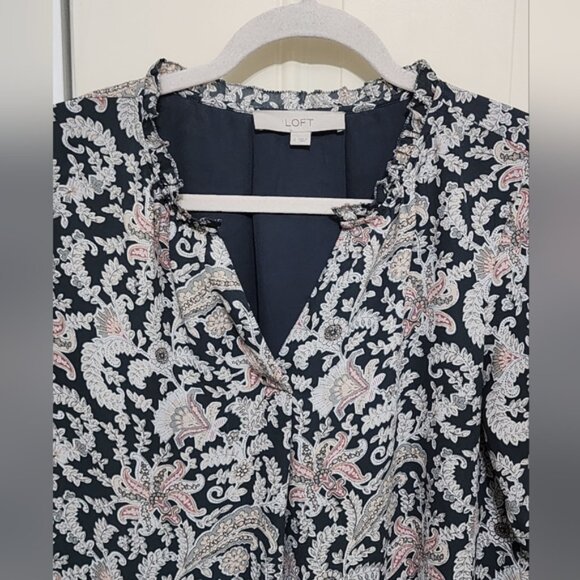 LOFT Women's Vine Ruffle Floral Paisley Split Neck Shirt Dress - Picture 8 of 16